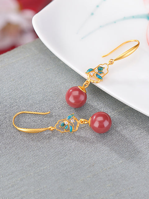 Women Vintage S925Sliver Red Bead Flower Earrings