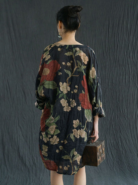 Plus Size Dame Vintage Flower Print Ramie Spring Long Shirt