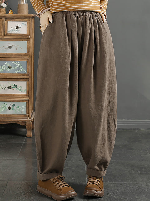 Plus Size Kvinder Vintage Autumn 100% Linen Pure Color Harem Pants