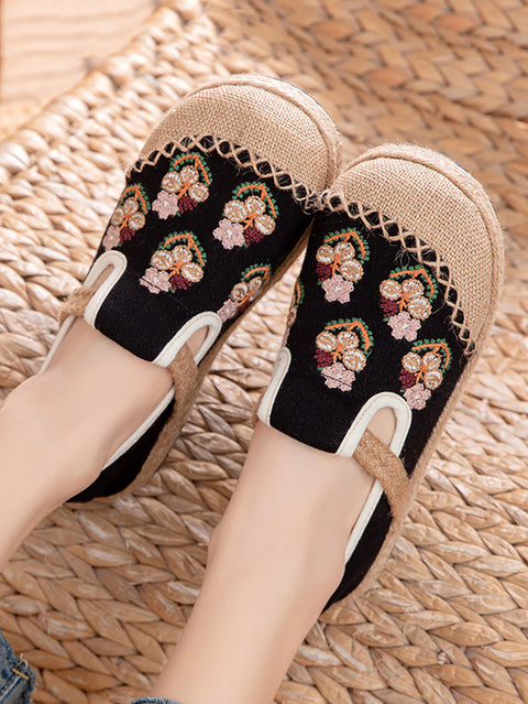 Women Ethnic Flower Embroidery Linen Flat Shoes