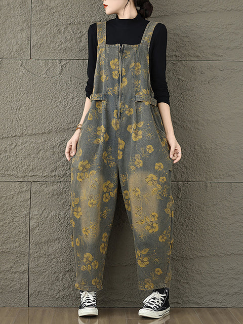 Women Autumn Retro Flower Zipper Denim Jumpsuits