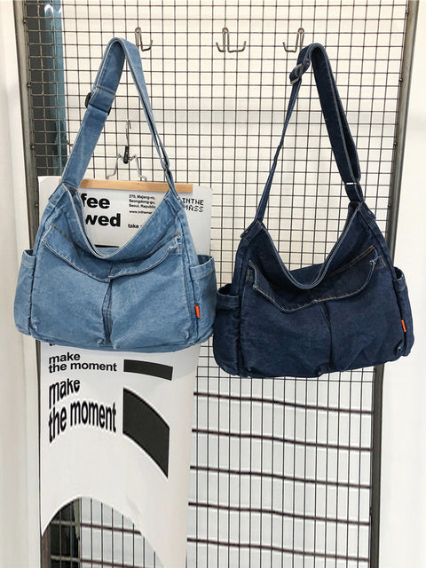 Kvinder vintage massiv denim taske med stor kapacitet