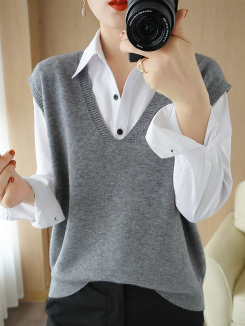 Women Casual Autumn Wool V-Neck Knit Vest