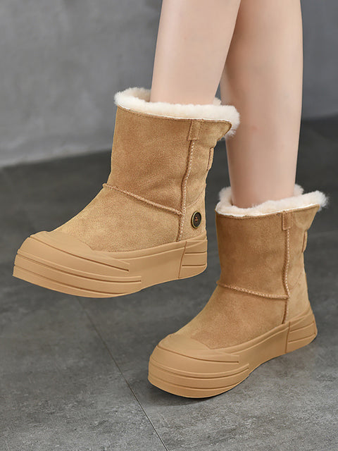 Women Winter Leather Spliced Fleece-lined Mid-Heel Snow Boots