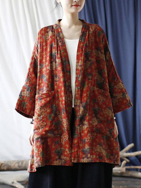 Kvinder Etnisk Blomster V-hals Pocket Cardigan Coat