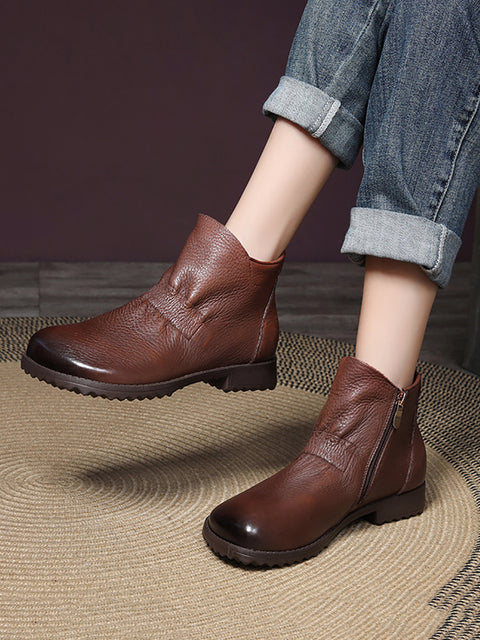 Women Vintage Genuine Leather Low Heel Boots