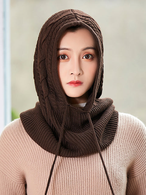 Women Winter Solid Knit Warm Wool Scarf Hat