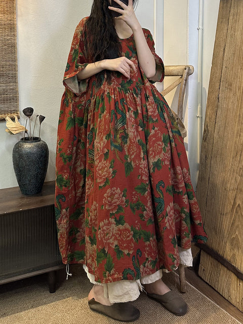 Plus Size Kvinder Sommer Vintage Blomster Plisseret Løs Kjole