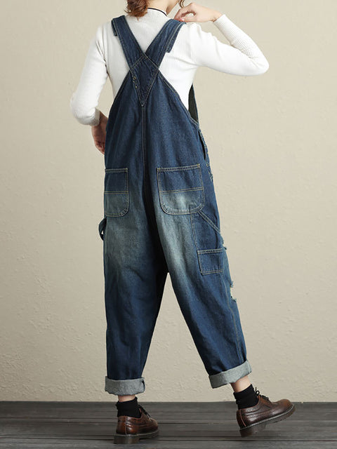 Kvinder Sommer Retro Flossede Pocket High-Wist denim Jumpsuits