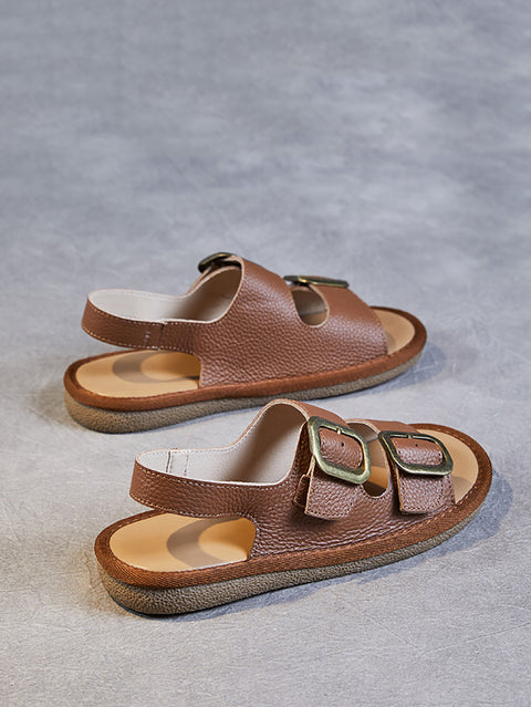 Women Summer Casual Leather Flat Button Sandals