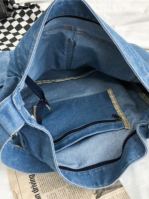 Kvinder vintage massiv denim taske med stor kapacitet