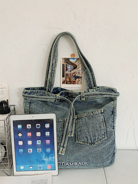 Kvinder Vintage Solid Pocket Denim Håndtaske Skuldertaske