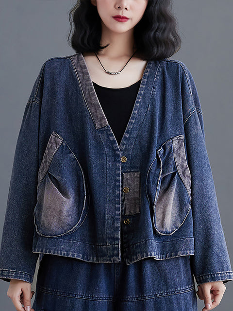 Women Retro Spring Spliced Big Pocket Denim Coat