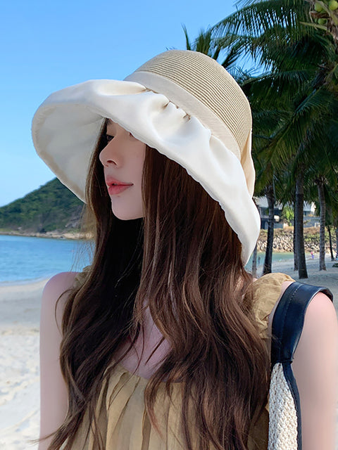 Kvinder Summer Colorblock Straw Bowknot Sunproof Hat