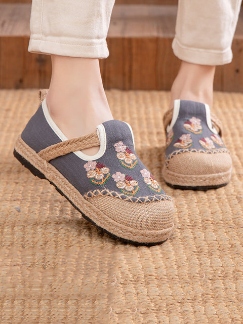 Women Ethnic Flower Embroidery Linen Flat Shoes