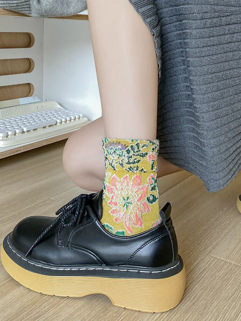 5 par Kvinder Vintage Flower Jacquard Mid-calf Sokker