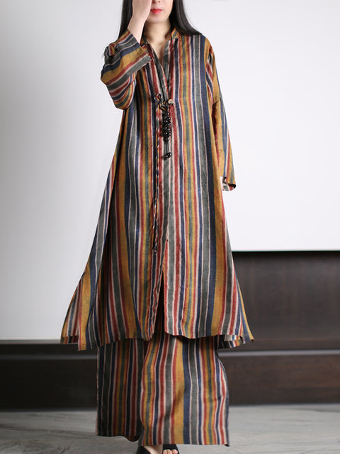 Plus Size Kvinder Vintage Stripe Løs Lang skjorte+bukser