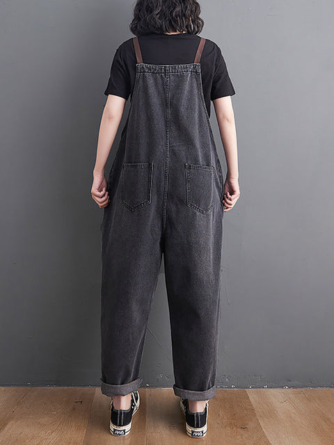 Women Retro Spring Solid Loose Denim Jumpsuits