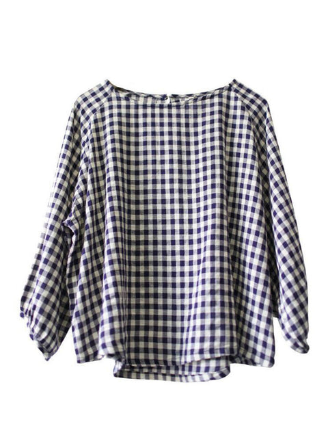 Plus Size Kvinder Sommer Vintage Plaid Løs Pullover Bomuldsskjorte