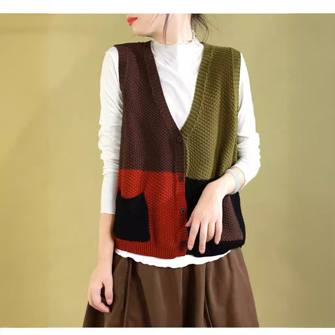 Women Autumn Colorblock Knitted V-Neck Vest