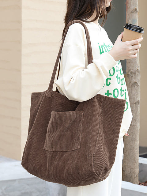 Women Casual Solid Large Corduroy Shoulder Bag