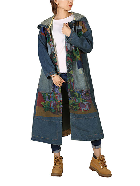 Kvinder Vintage Flower Patch Splejset Deim Hooded Coat