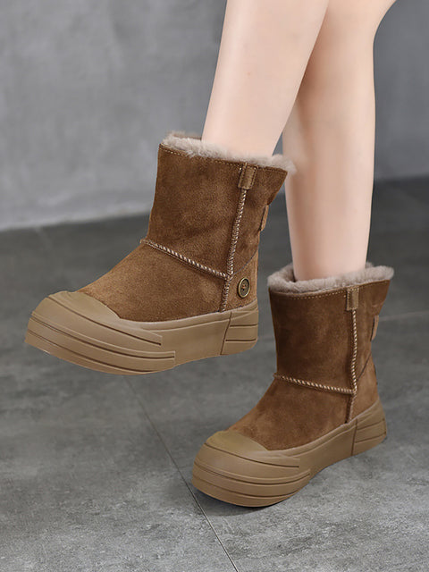 Women Winter Leather Spliced Fleece-lined Mid-Heel Snow Boots