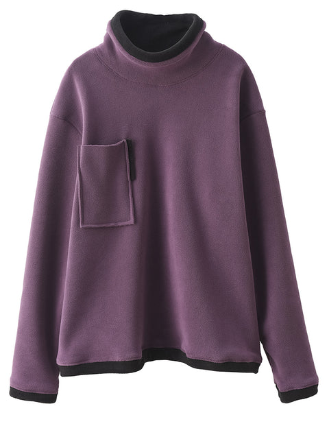 Women Casual Winter Spliced Turtleneck Fleece Sweatshirt