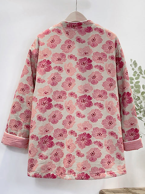 Kvinder Retro Flower Print Pink Polstret frakke