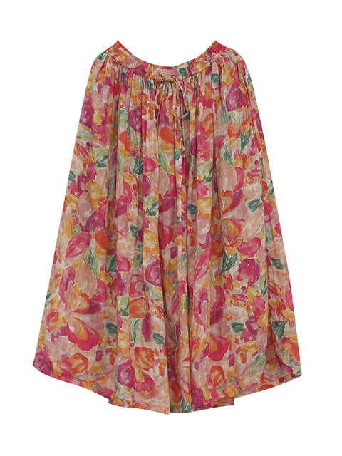 Plus Size Kvinder Sommer Artsy Flower Drwastring Ramie Nederdel