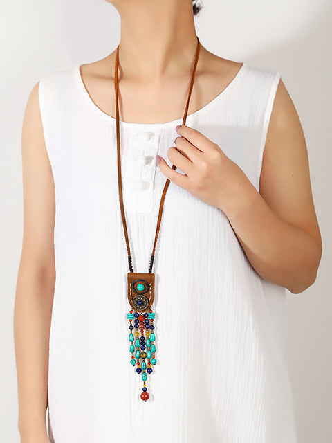 Ethinc Leather Turquoise Bead Alloy Tassel