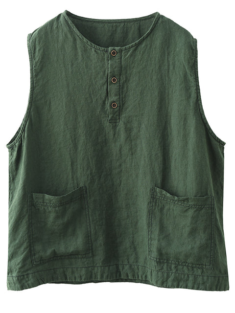 Kvinder Sommer Vintage Solid Pocket O-hals Linned Vest