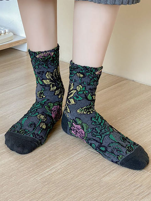 5 par Kvinder Vintage Flower Jacquard Mid-calf Sokker