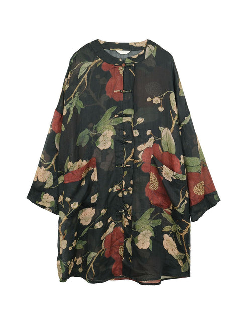 Plus Size Dame Vintage Flower Print Ramie Spring Long Shirt