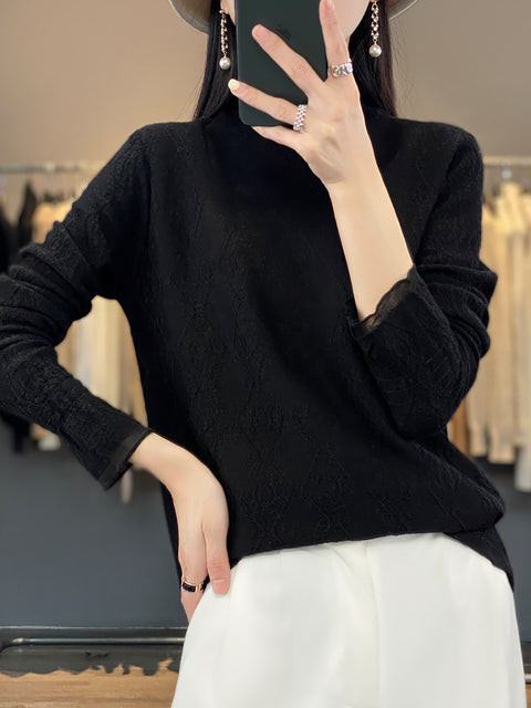 Women Autumn Lacework Knitted Half-Turtleneck Blouse