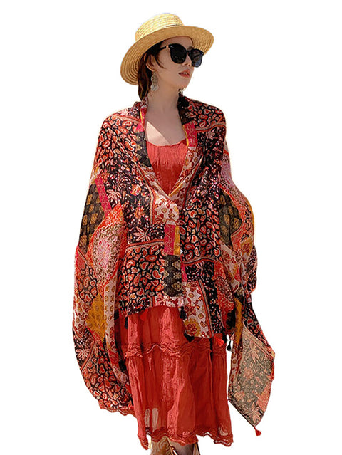 Women Ethnic Floral Spliced Tassel Shawl Scarf