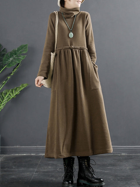 Plus Size Women Pure Color Turtleneck Draped Long Dress