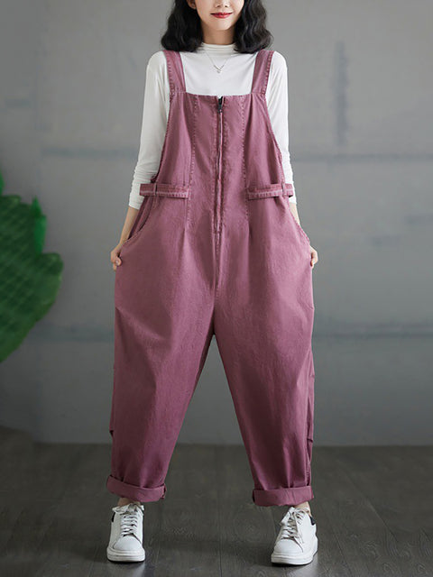 Kvinder efterår Vintage lynlås Casual Løse Solid Jumpsuits