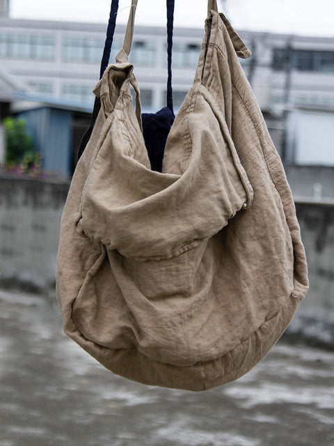 Vintage solid skuldertaske i hør og bomuld med stor kapacitet