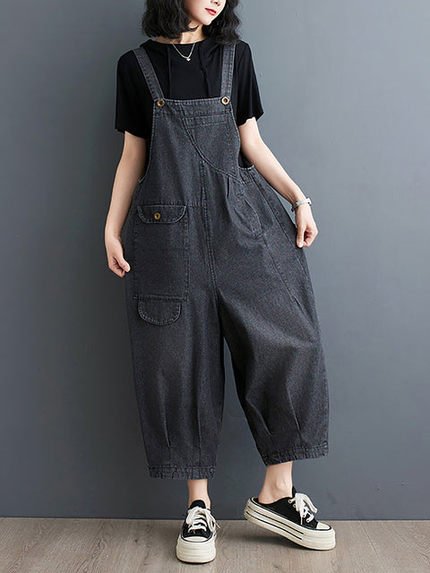 Women Summer Solid Casual Loose Denim Jumpsuits