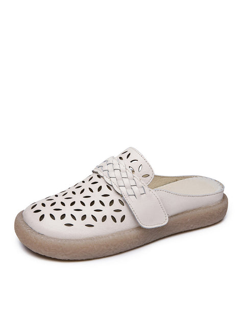 Kvinder Sommer Læder Solid Cutout Flade Sandaler