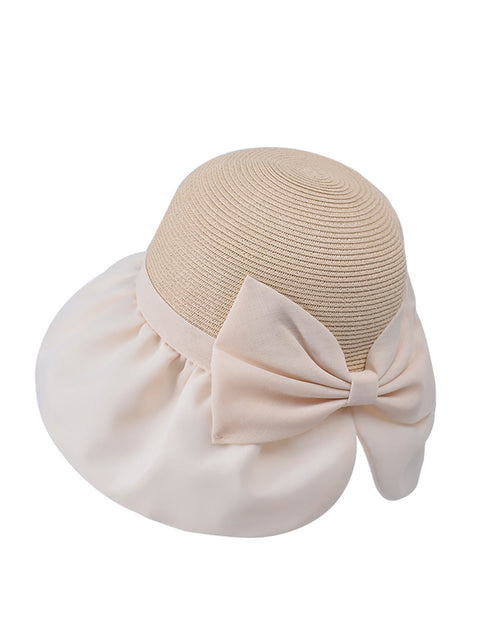 Kvinder Summer Colorblock Straw Bowknot Sunproof Hat