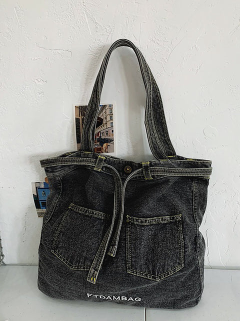 Kvinder Vintage Solid Pocket Denim Håndtaske Skuldertaske