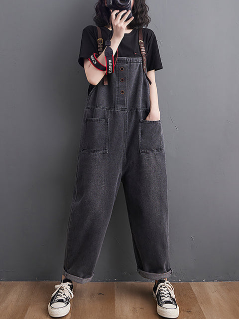 Kvinder Retro Spring Solid Løse Denim Jumpsuits