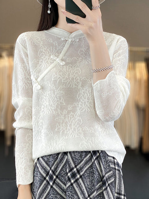 Women Autumn Wool Stand Collar Lace Knit Sweater