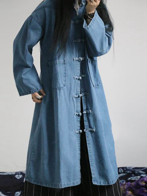 Kvinder Efterår Casual Solid Pocket Denim Shirt Coat