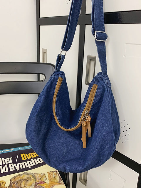 Casual Solid Denim Crossbody-taske med stor kapacitet