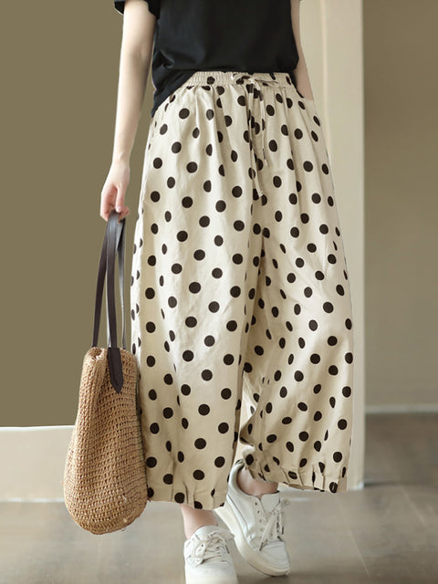 Plus Size Kvinder Vintage Dot Rynket Snøre Linen Bukser med brede ben