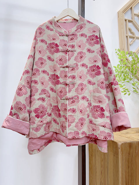 Kvinder Retro Flower Print Pink Polstret frakke