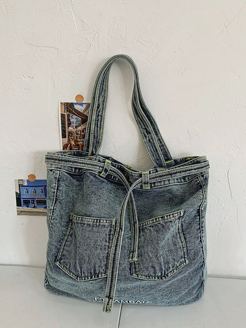 Kvinder Vintage Solid Pocket Denim Håndtaske Skuldertaske